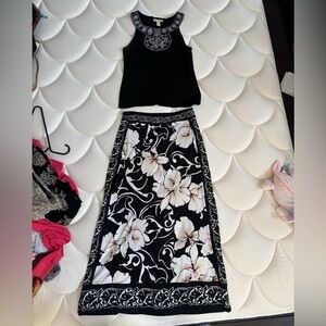White House Black Market Elegant Black and White Maxi Skirt and Matching Blouse